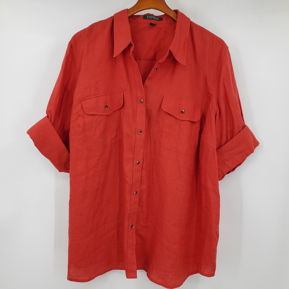 Lauren Ralph Lauren Red 100% Linen Roll Tab Button Down Shirt 3X Safari Top Prep